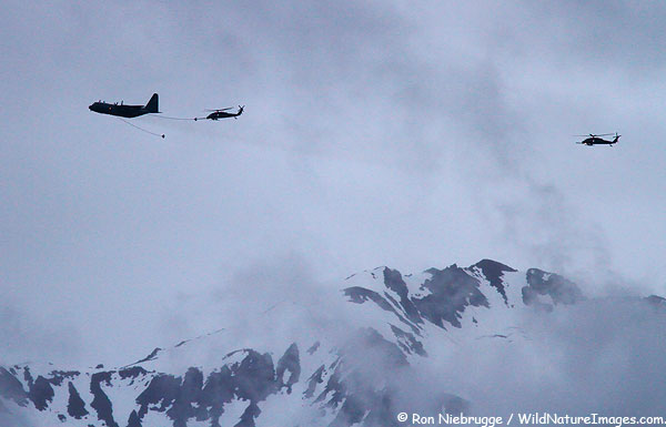 Helicopters taking on fuel over Resurrection Bay, Seward, Alaska.